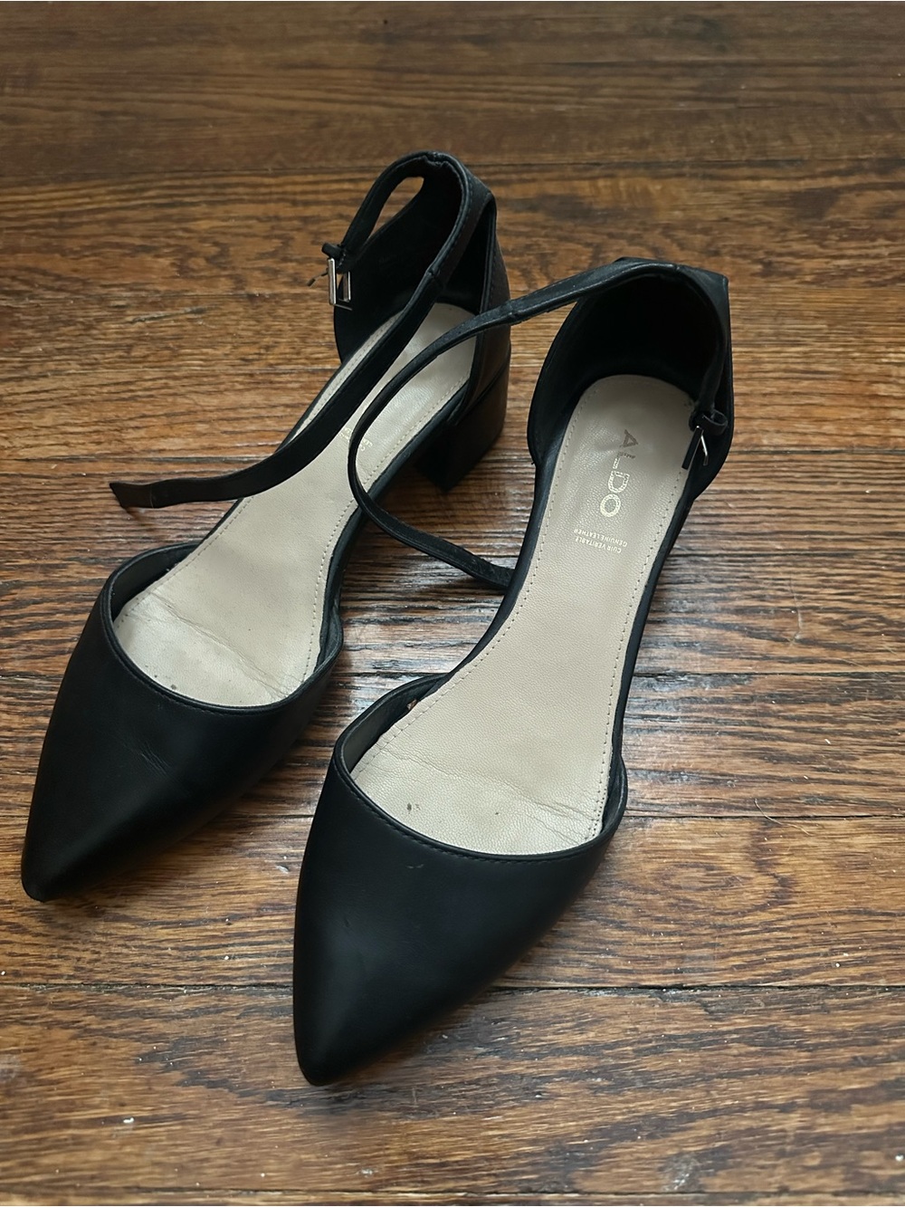 Aldo Black Pointed Ankle-Strap Mid Block Heels